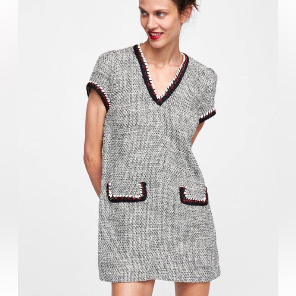 ZARA Basic Black White Tweed Dress With Red Trim Preppy Mod Rich Grandmacore XS